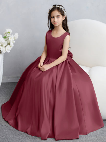 Robes de fille de fleur en satin à col rond avec nœud papillon