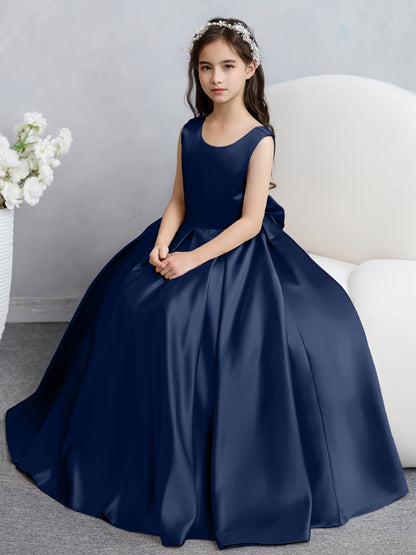 Robes de fille de fleur en satin à col rond avec nœud papillon