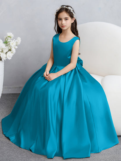 Robes de fille de fleur en satin à col rond avec nœud papillon
