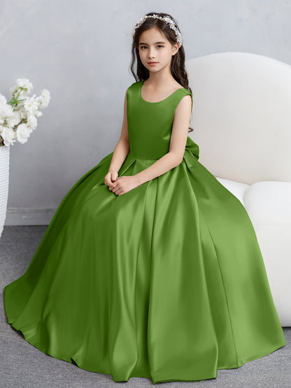 Robes de fille de fleur en satin à col rond avec nœud papillon