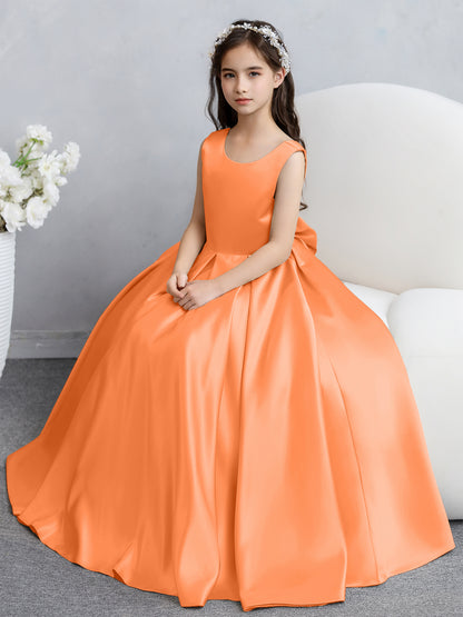 Robes de fille de fleur en satin à col rond avec nœud papillon