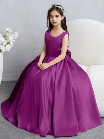 Robes de fille de fleur en satin à col rond avec nœud papillon