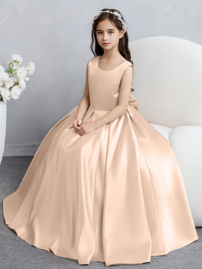Robes de fille de fleur en satin à col rond avec nœud papillon