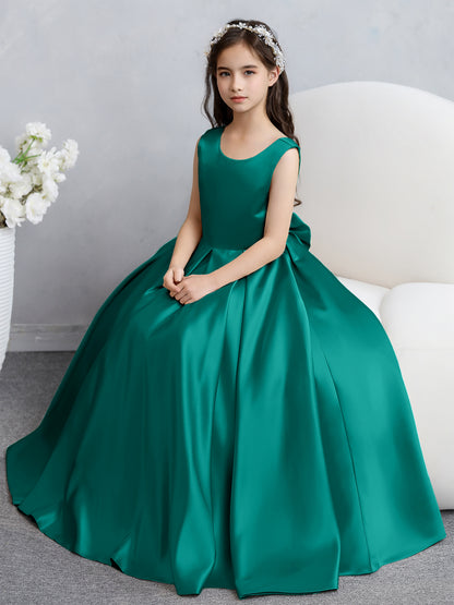 Robes de fille de fleur en satin à col rond avec nœud papillon