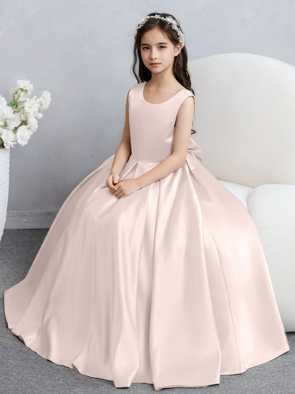 Robes de fille de fleur en satin à col rond avec nœud papillon
