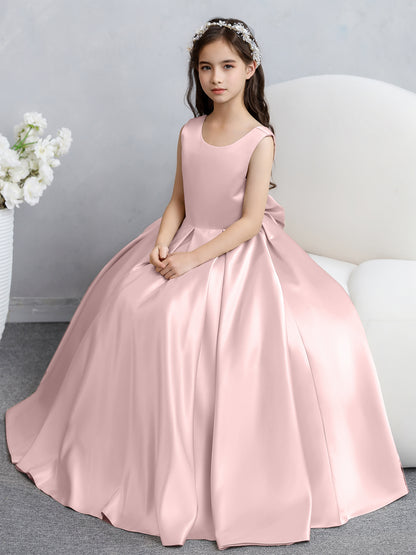 Robes de fille de fleur en satin à col rond avec nœud papillon