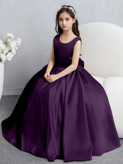 Robes de fille de fleur en satin à col rond avec nœud papillon