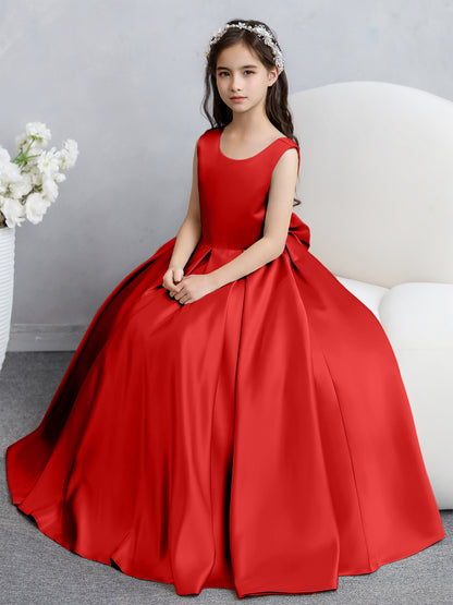 Robes de fille de fleur en satin à col rond avec nœud papillon