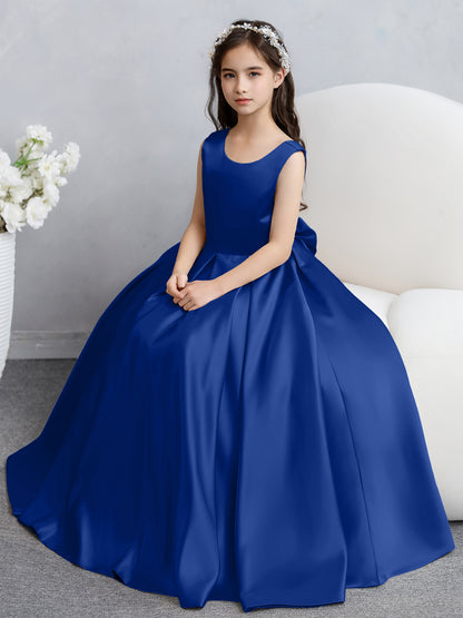 Robes de fille de fleur en satin à col rond avec nœud papillon