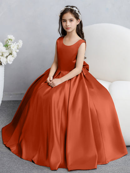 Robes de fille de fleur en satin à col rond avec nœud papillon