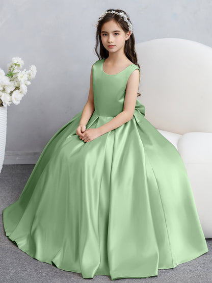 Robes de fille de fleur en satin à col rond avec nœud papillon