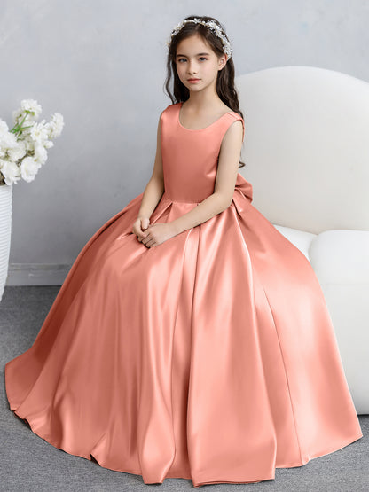 Robes de fille de fleur en satin à col rond avec nœud papillon