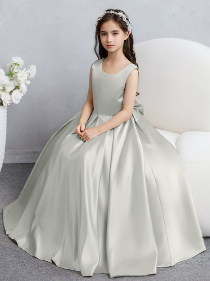 Robes de fille de fleur en satin à col rond avec nœud papillon