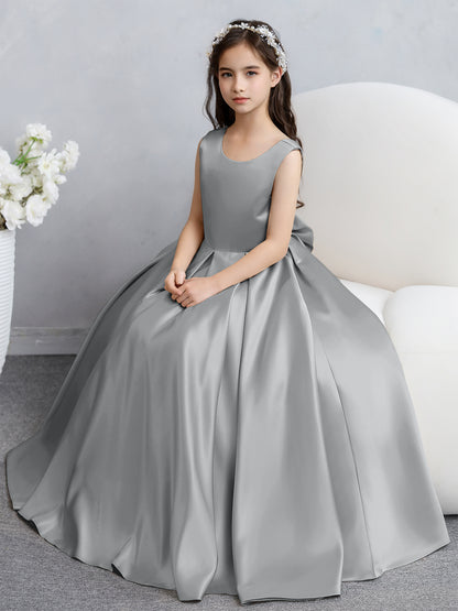 Robes de fille de fleur en satin à col rond avec nœud papillon