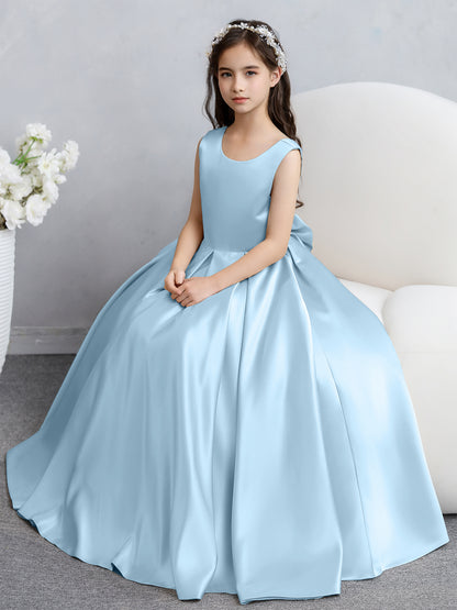 Robes de fille de fleur en satin à col rond avec nœud papillon