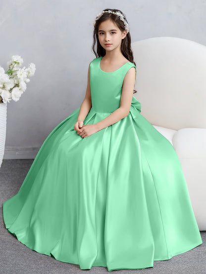 Robes de fille de fleur en satin à col rond avec nœud papillon