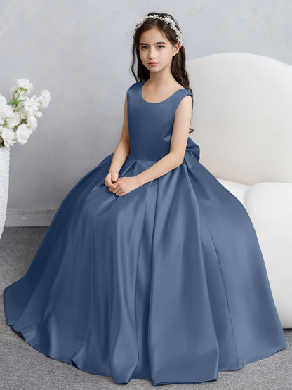 Robes de fille de fleur en satin à col rond avec nœud papillon