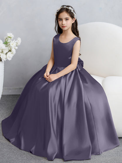 Robes de fille de fleur en satin à col rond avec nœud papillon