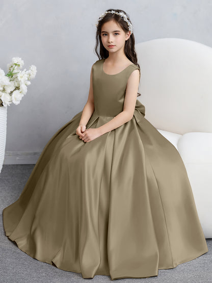 Robes de fille de fleur en satin à col rond avec nœud papillon