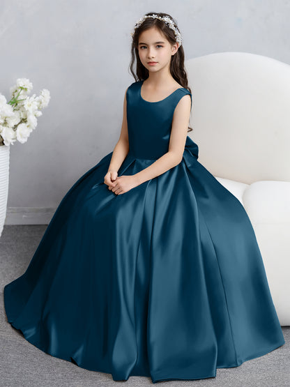 Robes de fille de fleur en satin à col rond avec nœud papillon