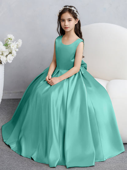 Robes de fille de fleur en satin à col rond avec nœud papillon