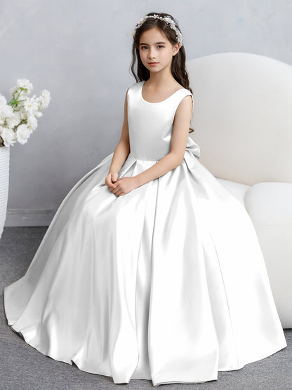 Robes de fille de fleur en satin à col rond avec nœud papillon