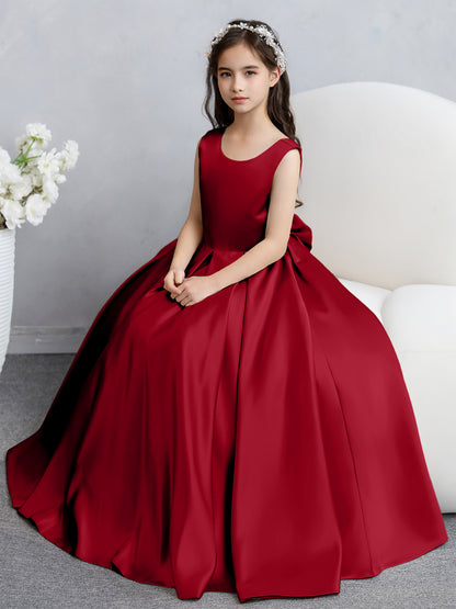 Robes de fille de fleur en satin à col rond avec nœud papillon