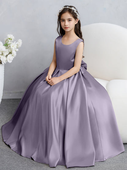 Robes de fille de fleur en satin à col rond avec nœud papillon