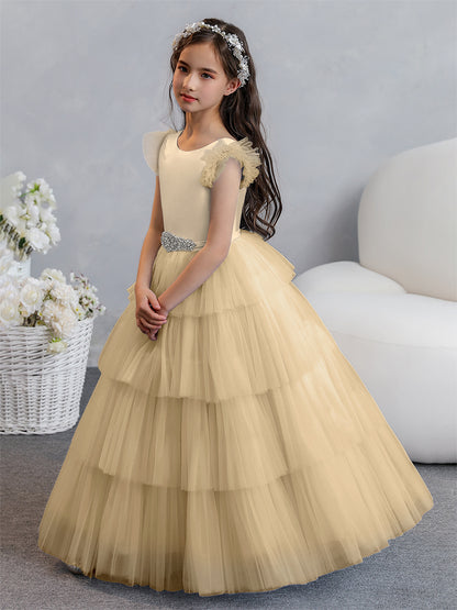 Tulle Robe de bal/Princesse Robes de demoiselle d'honneur pour fillettes avec plis étagés et strass
