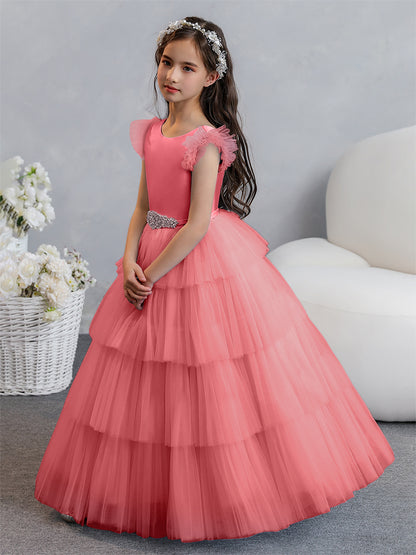 Tulle Robe de bal/Princesse Robes de demoiselle d'honneur pour fillettes avec plis étagés et strass