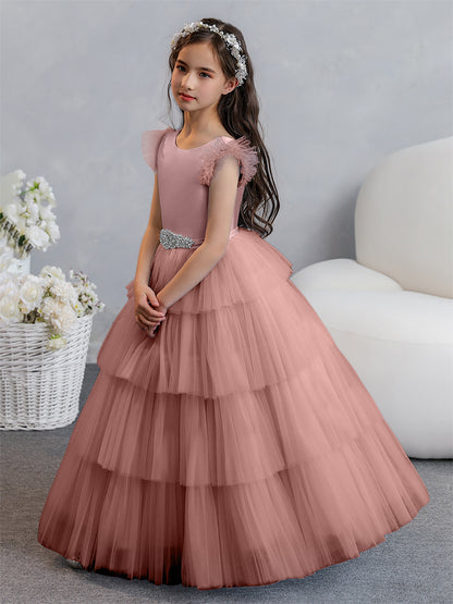 Tulle Robe de bal/Princesse Robes de demoiselle d'honneur pour fillettes avec plis étagés et strass