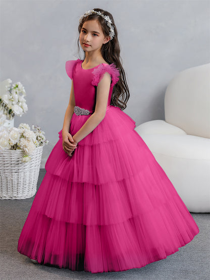 Tulle Robe de bal/Princesse Robes de demoiselle d'honneur pour fillettes avec plis étagés et strass
