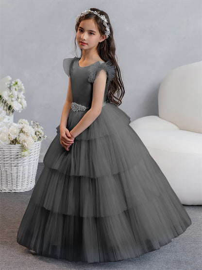 Tulle Robe de bal/Princesse Robes de demoiselle d'honneur pour fillettes avec plis étagés et strass