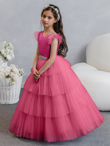 Tulle Robe de bal/Princesse Robes de demoiselle d'honneur pour fillettes avec plis étagés et strass