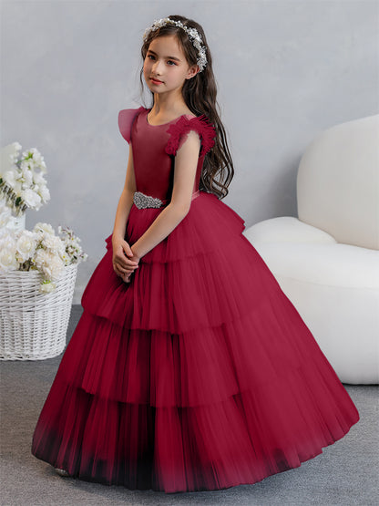 Tulle Robe de bal/Princesse Robes de demoiselle d'honneur pour fillettes avec plis étagés et strass
