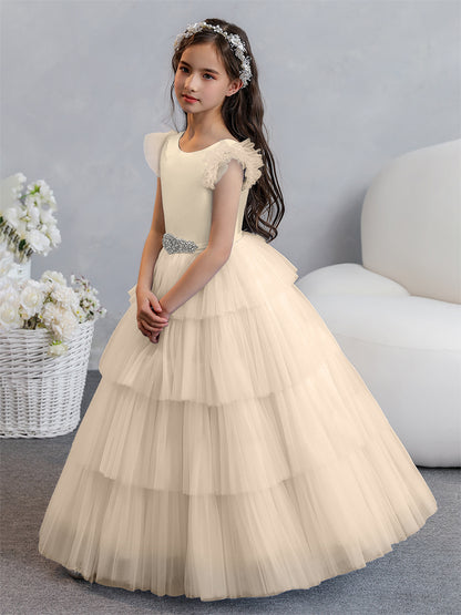 Tulle Robe de bal/Princesse Robes de demoiselle d'honneur pour fillettes avec plis étagés et strass