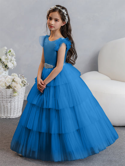 Tulle Robe de bal/Princesse Robes de demoiselle d'honneur pour fillettes avec plis étagés et strass