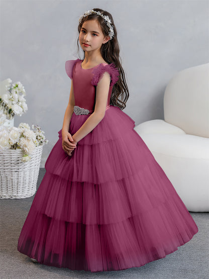 Tulle Robe de bal/Princesse Robes de demoiselle d'honneur pour fillettes avec plis étagés et strass