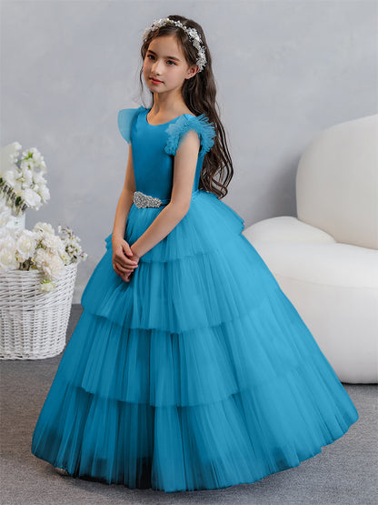Tulle Robe de bal/Princesse Robes de demoiselle d'honneur pour fillettes avec plis étagés et strass