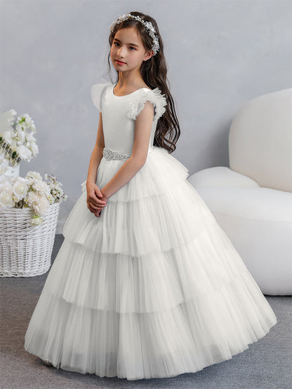 Tulle Robe de bal/Princesse Robes de demoiselle d'honneur pour fillettes avec plis étagés et strass