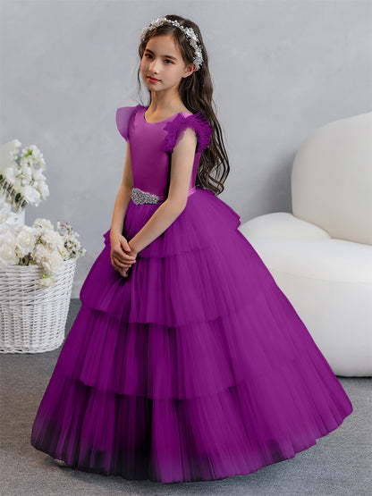 Tulle Robe de bal/Princesse Robes de demoiselle d'honneur pour fillettes avec plis étagés et strass