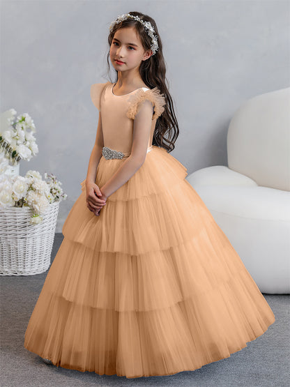 Tulle Robe de bal/Princesse Robes de demoiselle d'honneur pour fillettes avec plis étagés et strass