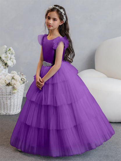 Tulle Robe de bal/Princesse Robes de demoiselle d'honneur pour fillettes avec plis étagés et strass