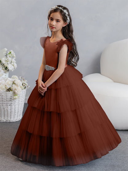 Tulle Robe de bal/Princesse Robes de demoiselle d'honneur pour fillettes avec plis étagés et strass
