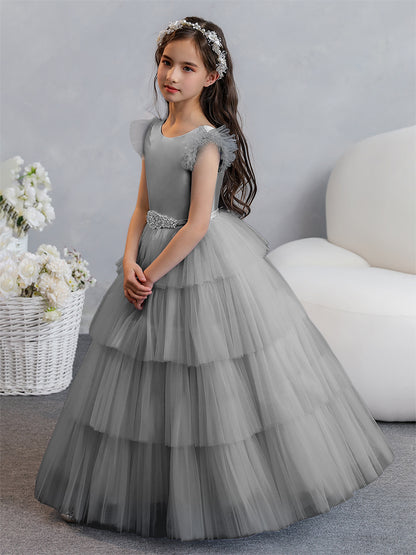Tulle Robe de bal/Princesse Robes de demoiselle d'honneur pour fillettes avec plis étagés et strass