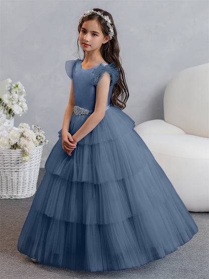 Tulle Robe de bal/Princesse Robes de demoiselle d'honneur pour fillettes avec plis étagés et strass