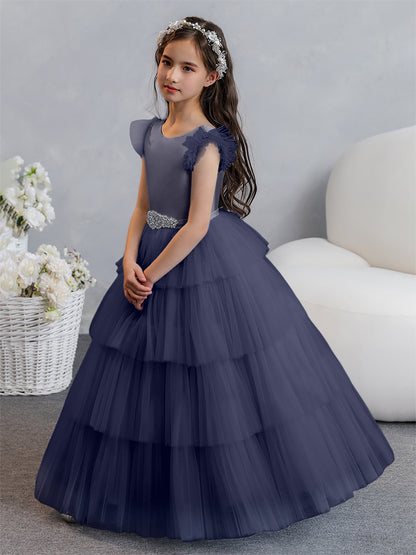 Tulle Robe de bal/Princesse Robes de demoiselle d'honneur pour fillettes avec plis étagés et strass