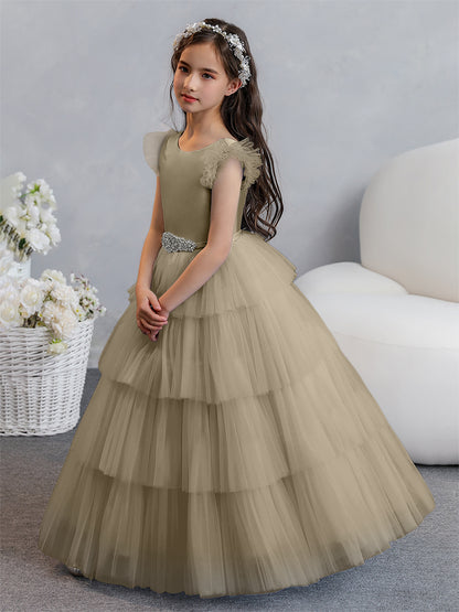 Tulle Robe de bal/Princesse Robes de demoiselle d'honneur pour fillettes avec plis étagés et strass