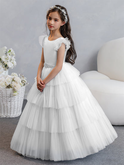 Tulle Robe de bal/Princesse Robes de demoiselle d'honneur pour fillettes avec plis étagés et strass