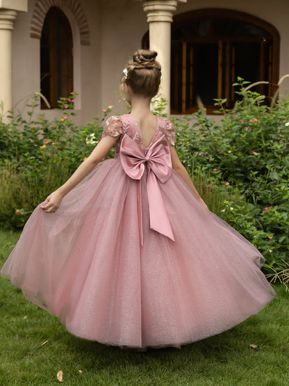 Robe Col Rond en Tulle pour Petite Fille d'Honneur avec Appliques et Nœud en Satin